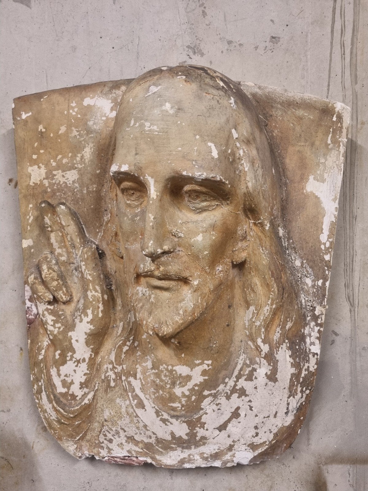 Antiek Reliëf Christus Zegenend - Steenachtig Materiaal, Ophalen