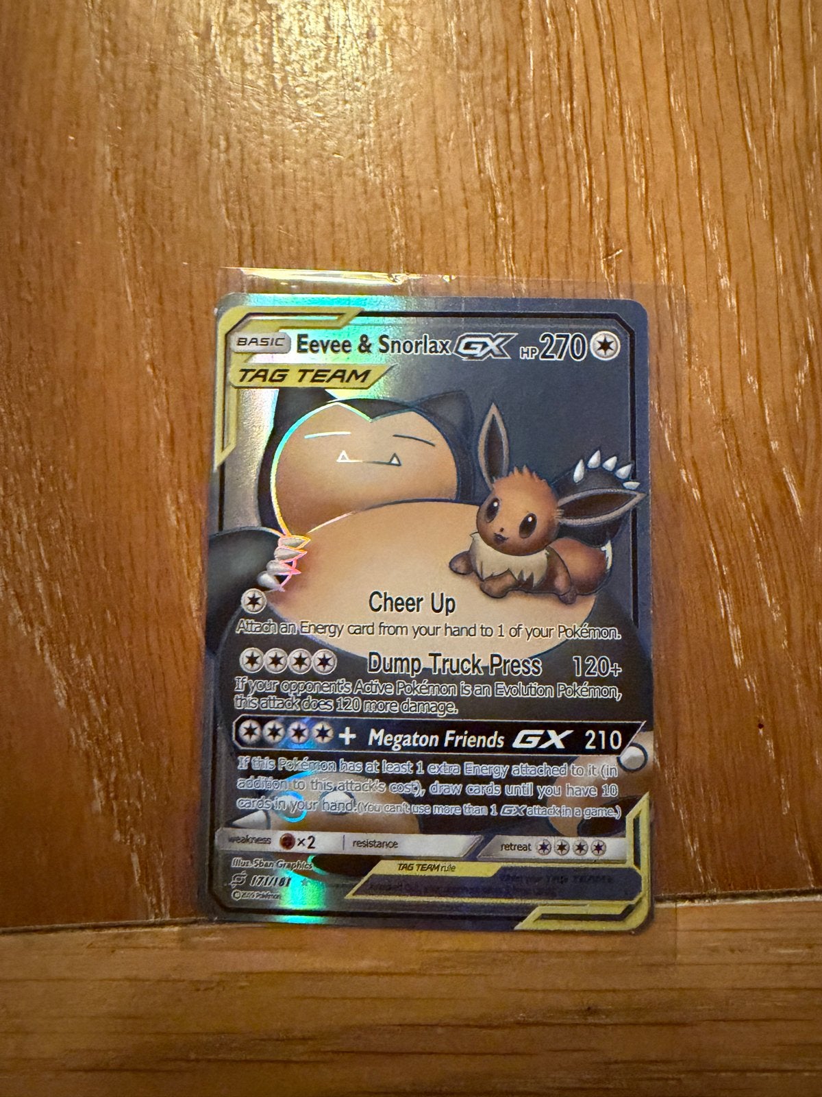 Eevee & Snorlax GX Pokémon Kaart - TAG TEAM, Ophalen of Verzenden, Zo goed als nieuw, Losse kaart, Foil