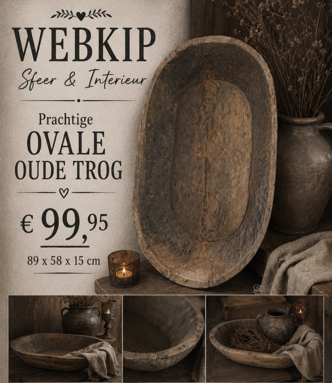 Prachtige grote unieke oude ovale trog, Ophalen, Nieuw, Ovaal, Hout
