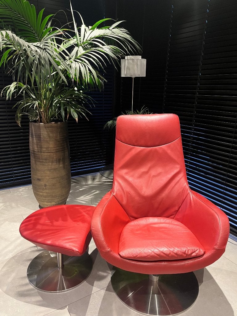 Luxe rode lederen relaxfauteuil met Hocker (draaibaar), Ophalen, Gebruikt, 75 tot 100 cm, 75 tot 100 cm