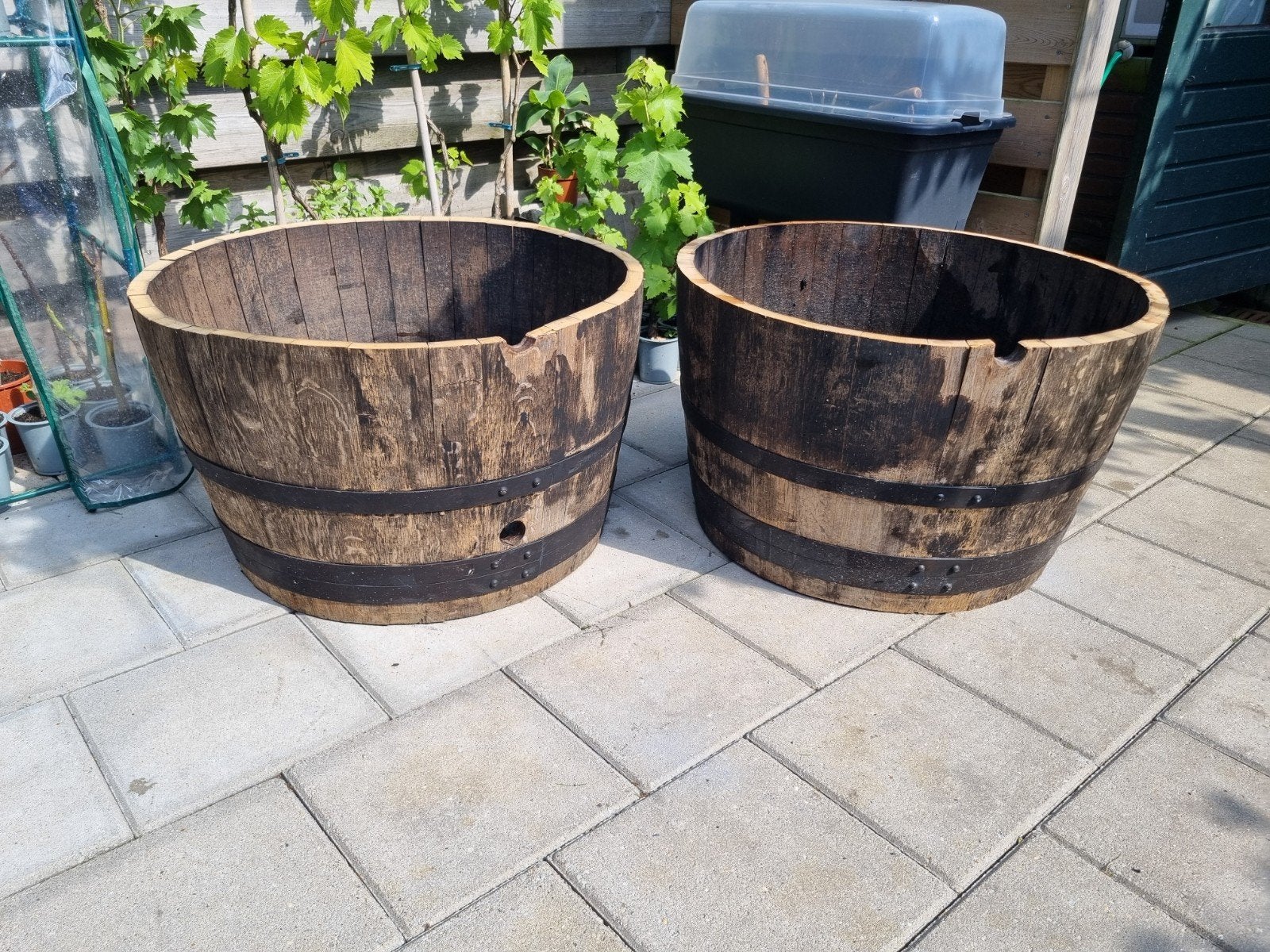 Twee plantenbakken van wijnvaten - 44x72 cm, Tuin en Terras, Bloembakken en Plantenbakken, Ophalen, Gebruikt, Rond, 30 tot 60 cm