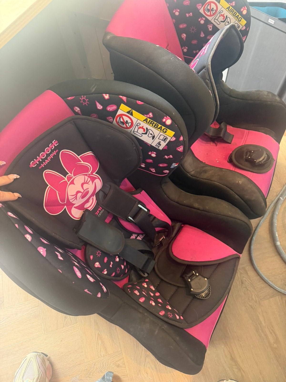2x Minnie Mouse Kinderautostoel - Roze/Zwart, Overige merken, 9 t/m 36 kg, Gebruikt, Autogordel