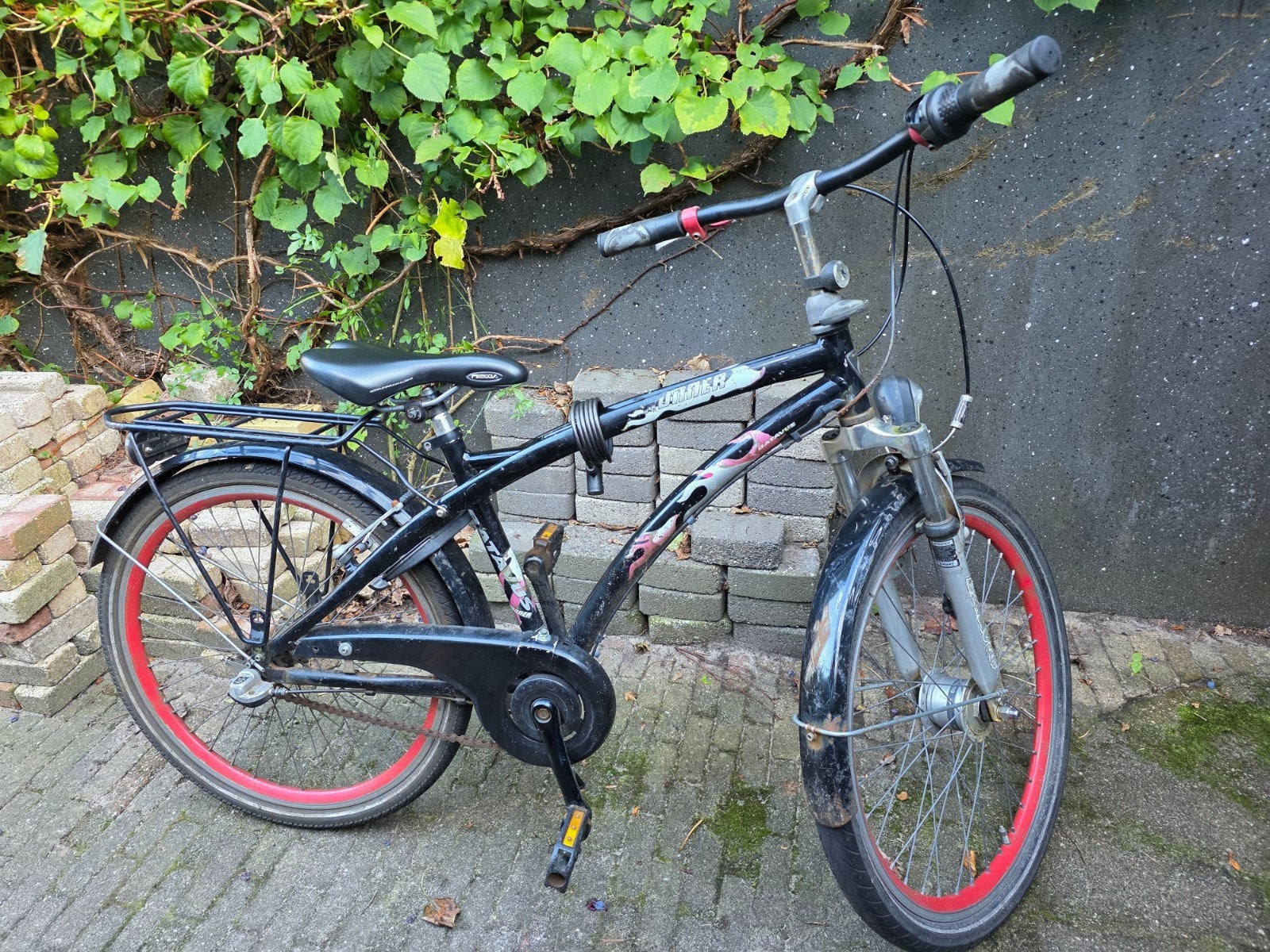 Zwarte Batavus fiets, 24inch, met rode velgen, Ophalen, Terugtraprem, Gebruikt, Versnellingen