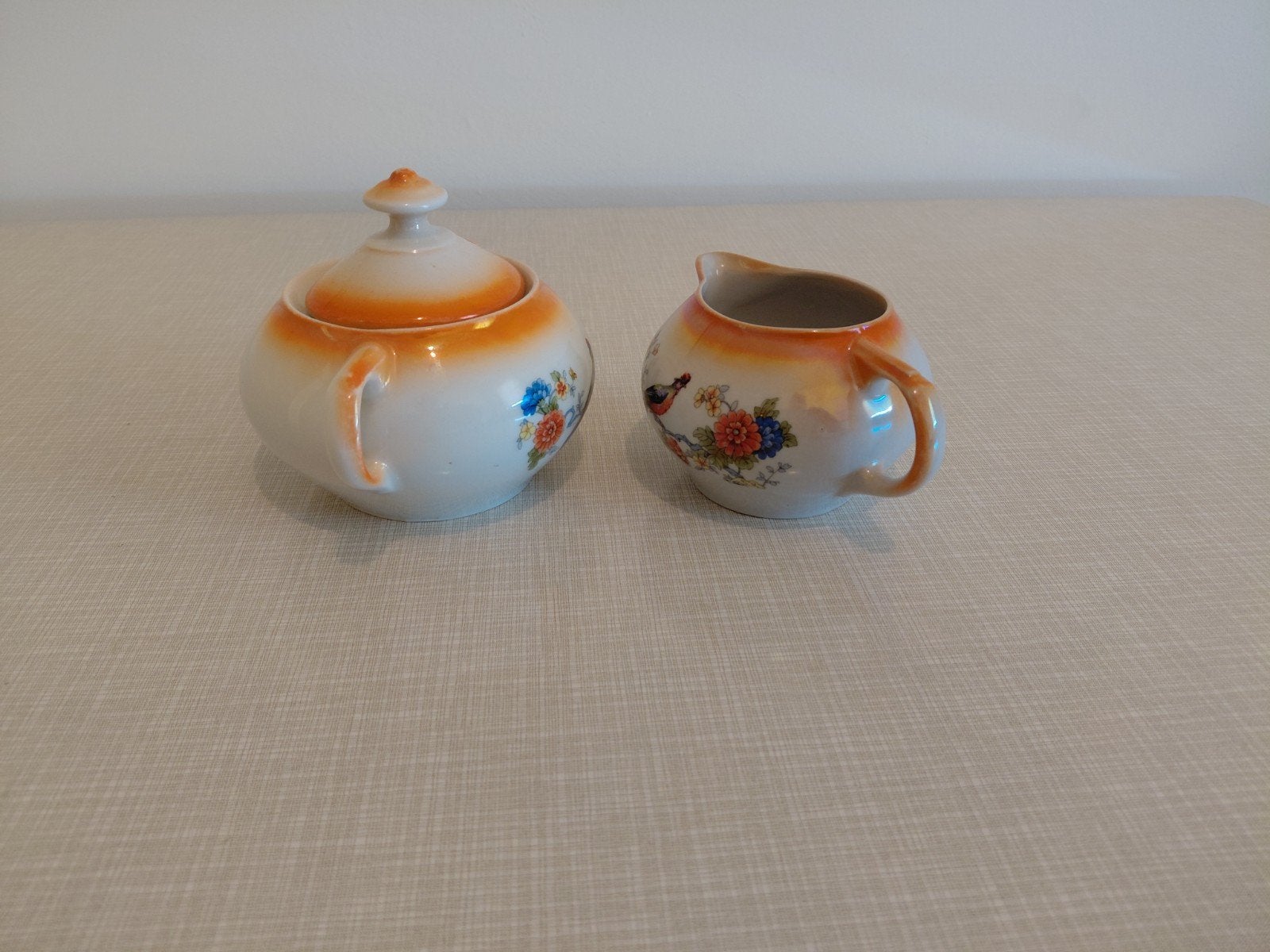 Vintage suikerpot en melkkan met vogeldecoratie, Ophalen of Verzenden
