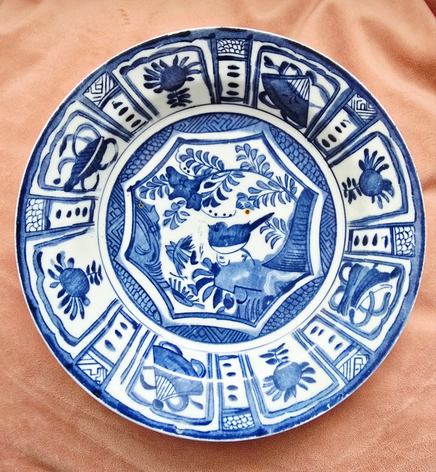 Antiek Chinees Blauw-Wit Porseleinen Bord met Vogeldecor, Ophalen of Verzenden