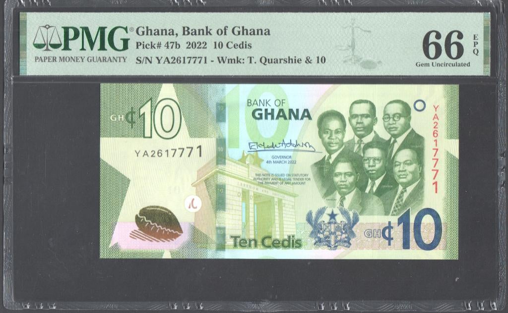 Ghana 10 Cedis 2022 PMG Graded 66 EPQ, Verzenden, Overige landen, Los biljet