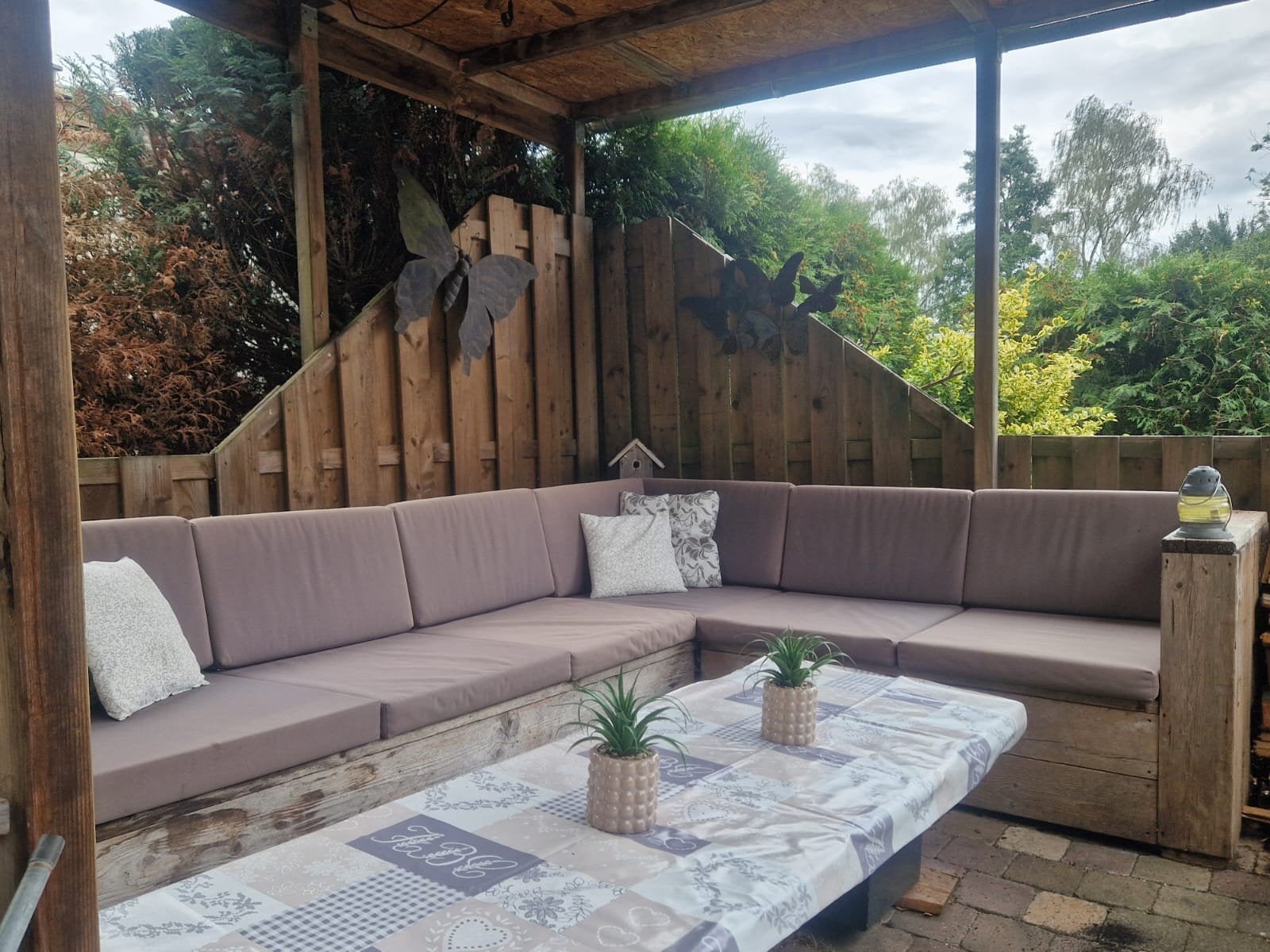 loungeset hoek + 2 losse stoelen + 2 vierkante hockers, Ophalen, Gebruikt, Steigerhout, Loungeset