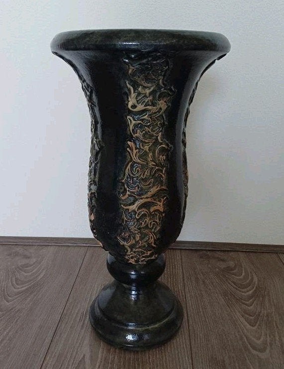 PTMD Zwarte hoge vaas met Reliëf- 40 cm boho vintage chic, Ophalen, Zo goed als nieuw, Zwart