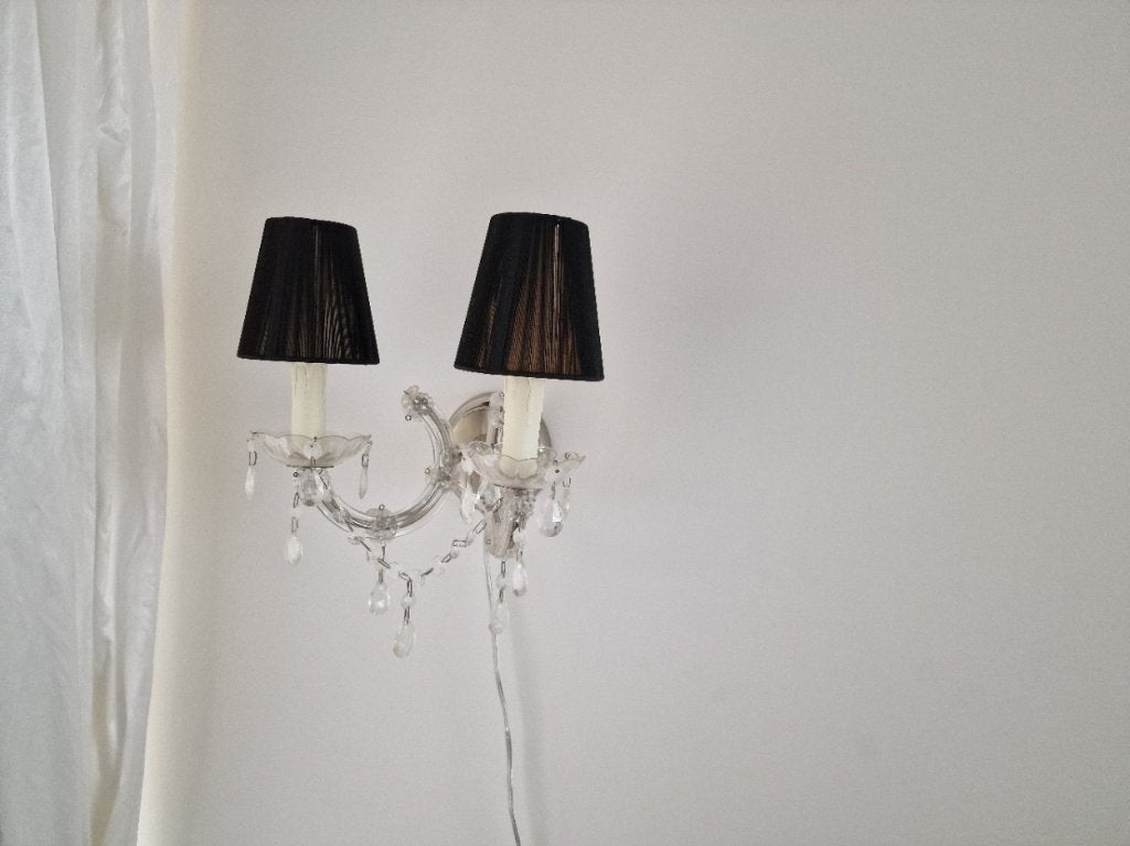 Elegante wandlamp met kristallen en zwarte kappen, Met schakelaar, Kunststof, Zwart, E14 (klein)