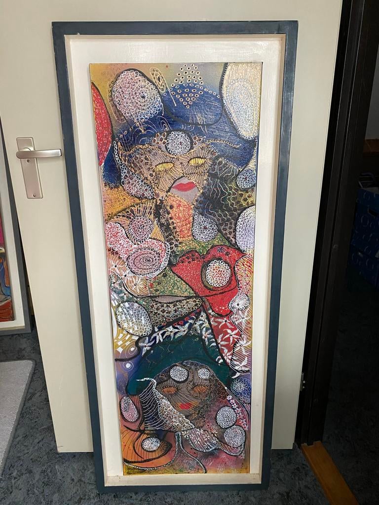 Groot kleurrijk schilderij met verdiepte lijst, Ophalen