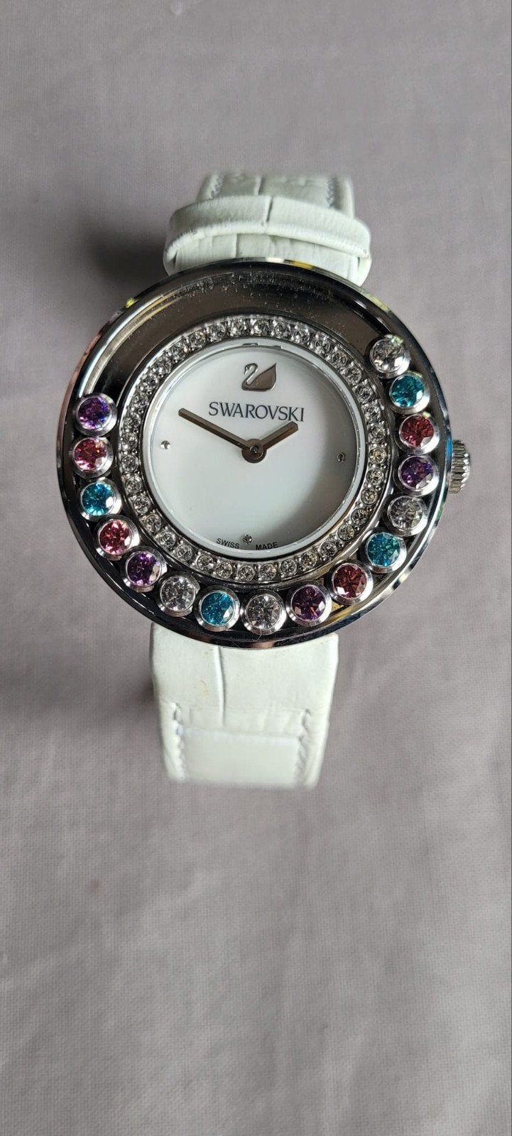 Swarovski Dames Horloge met Kristallen en Witte Band, Overige merken, Leer, Staal, Polshorloge