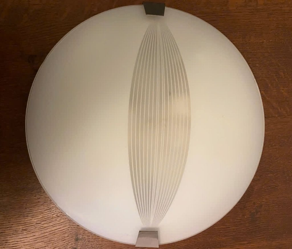 Plafondlamp wit met decoratieve strepen (glazen schaal), Ophalen, Vintage, E27 (groot), Zo goed als nieuw