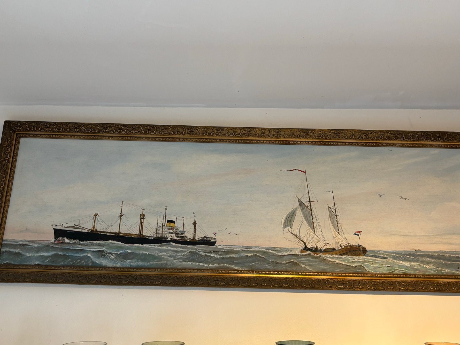 Maritiem schilderij: Stoomschip en zeilschip op zee, Maritiem / water, Doek, Ophalen of Verzenden, Olieverf