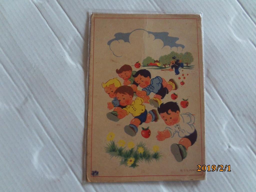 oude kinderkaart vluchtende kinderen - stelen appels, Ophalen of Verzenden, 1960 tot 1980, Ongelopen, Kinderen