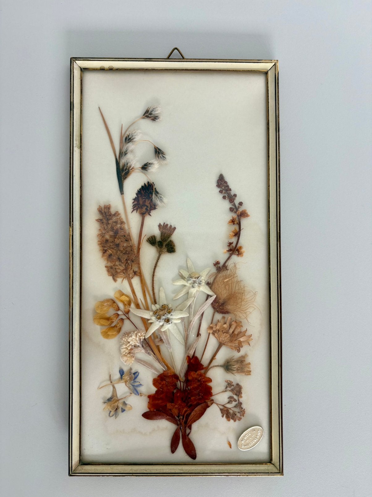 Vintage Zwitsers droogbloemen tableau met edelweiss, Ophalen of Verzenden