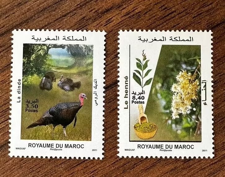Marokko 2011 Postzegels vogels bloemen Kalkoenen en Henna, Ophalen of Verzenden, Marokko, Postfris