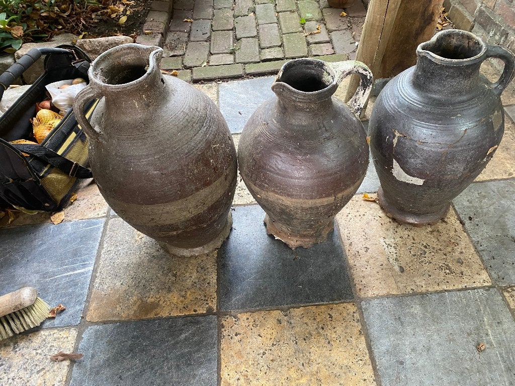 drie grote Langerwehe kannen met beschadigingen, steengoed, Ophalen