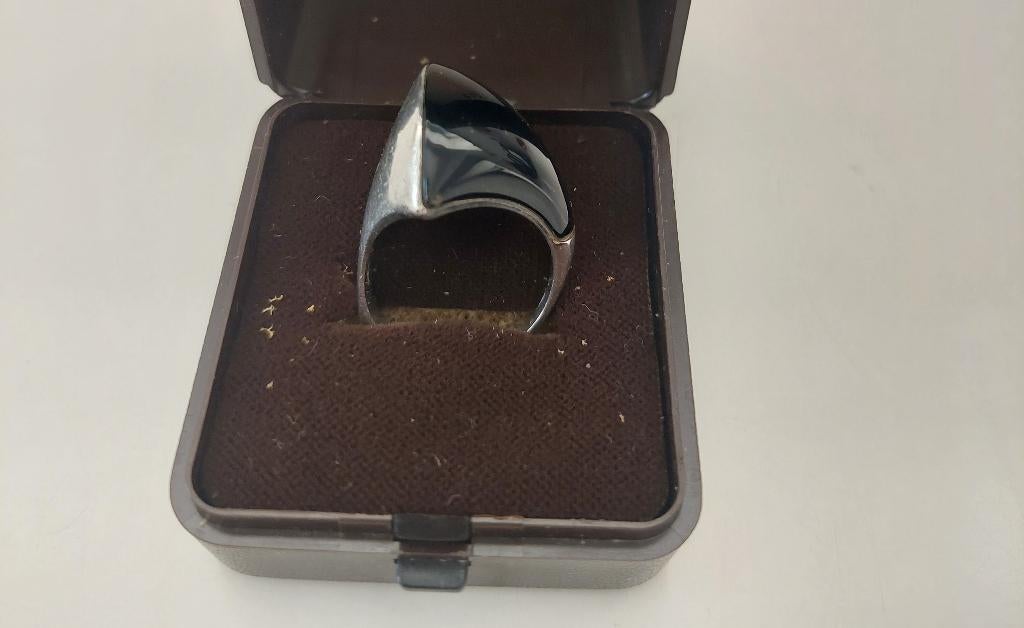 design ring zilver met onyx stijl Herman Siersbøl, Gebruikt, Ophalen of Verzenden, 17 tot 18, Dame