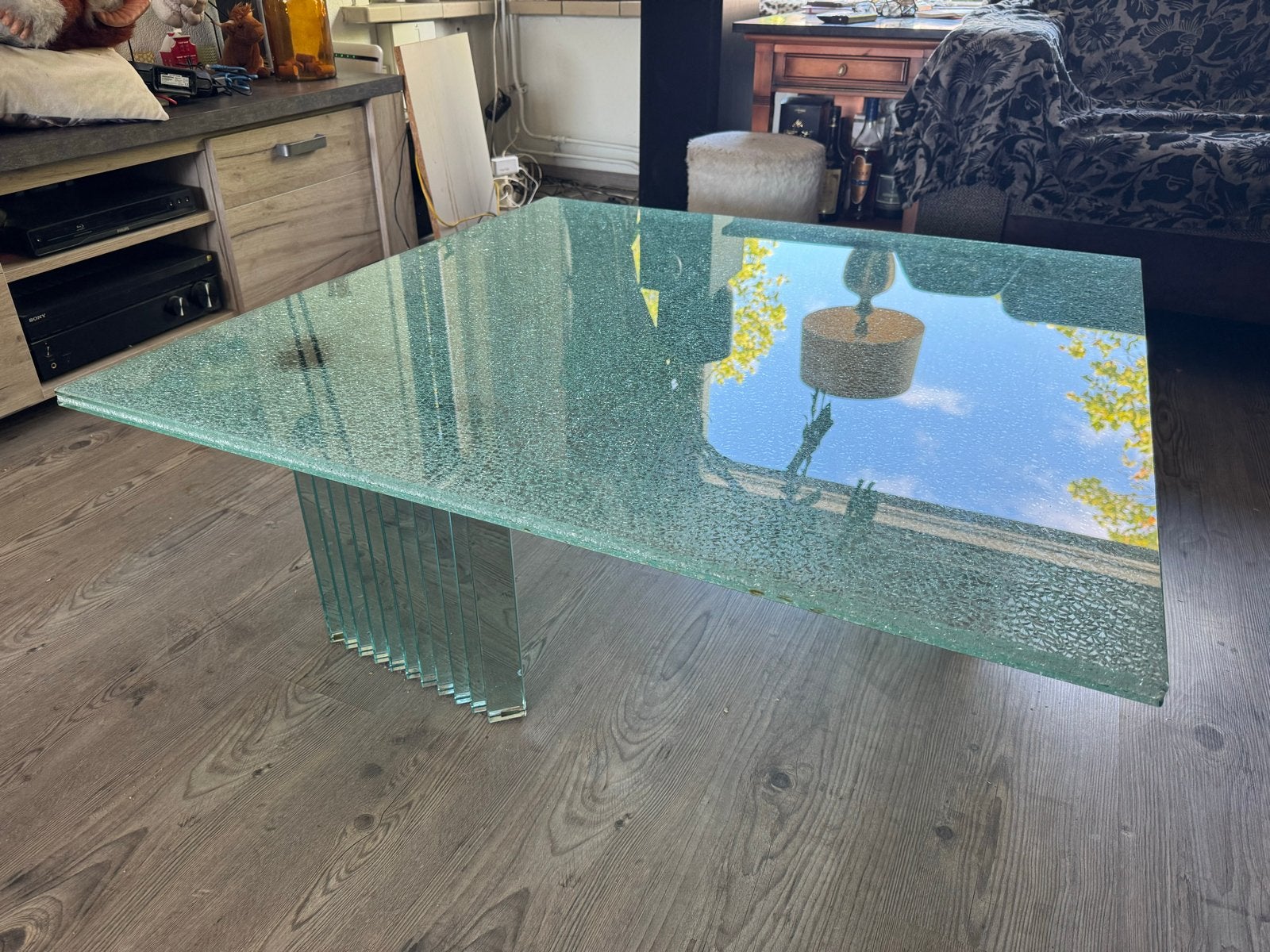 Glazen blad salontafel met uniek craquelé effect glas, Ophalen, Gebruikt, 100 tot 150 cm, 50 tot 100 cm