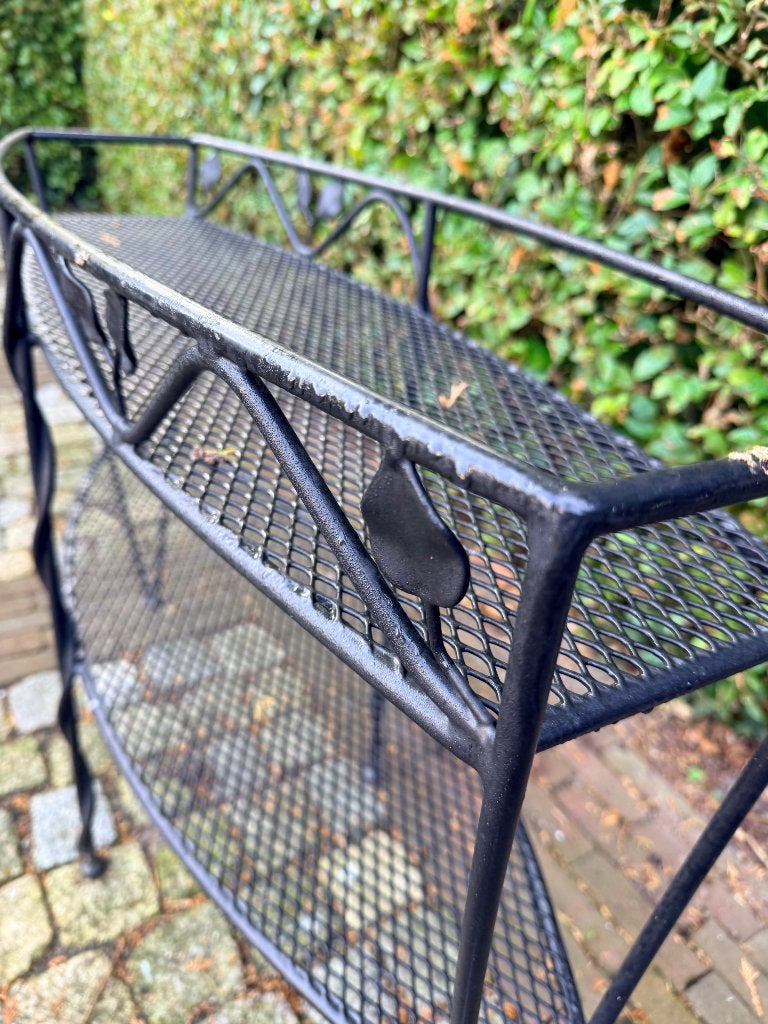 Zwart metalen tuinplantentafel / etagère met bladdecoratie, Ophalen, Gebruikt, Etagère, Overige materialen