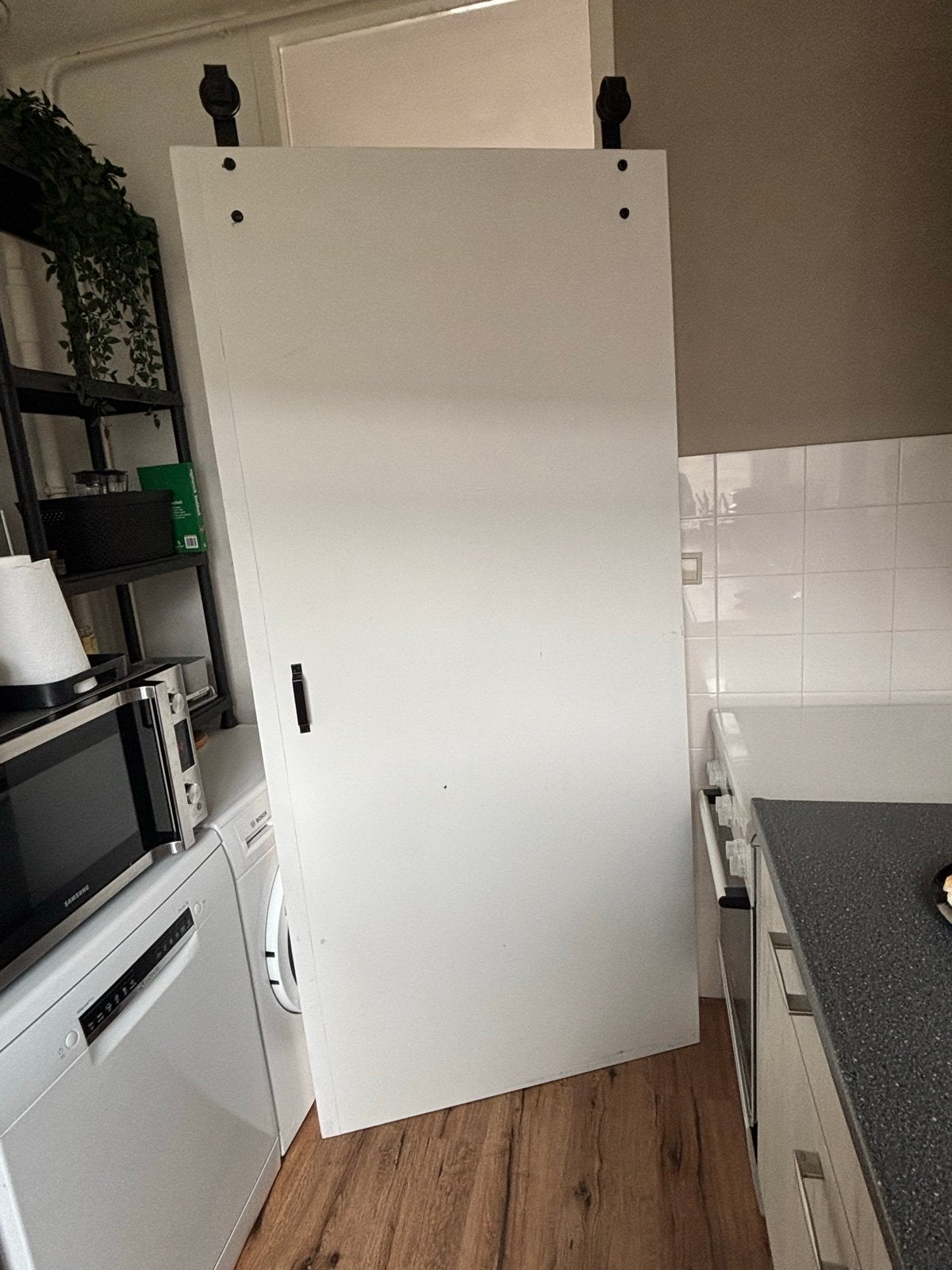 Witte schuifdeur met rails en handvat, Doe-het-zelf en Verbouw, Deuren en Horren, Ophalen, Gebruikt, 80 tot 100 cm, Binnendeur