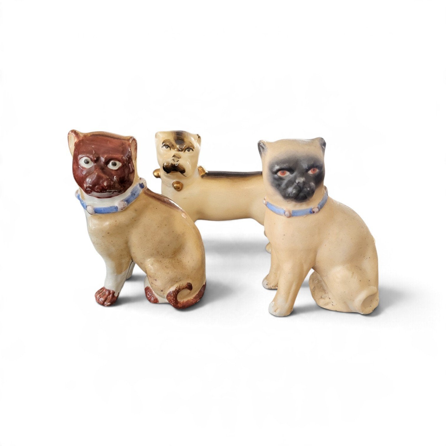Set van 3 antieke porseleinen mopshondjes/pugdogs, Ophalen of Verzenden