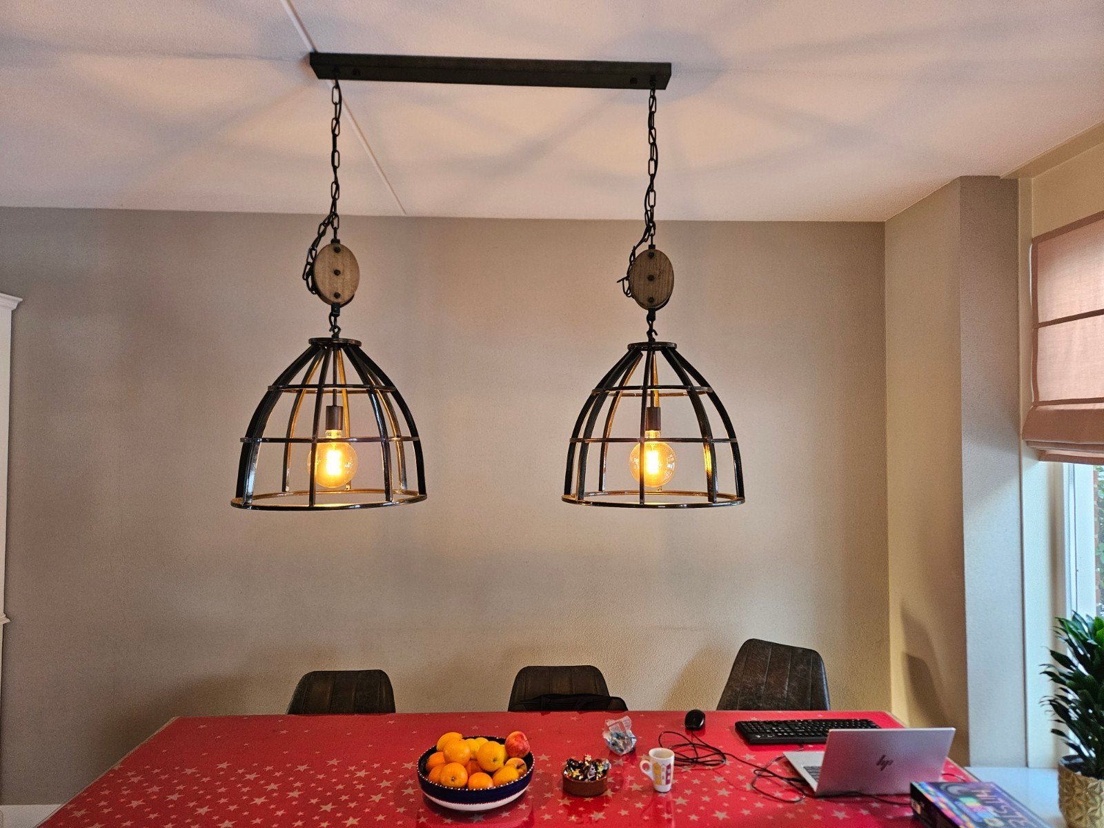 Industriële hanglamp met katrollen en kooikappen, Ophalen, Gebruikt, E27 (groot), Industrieel