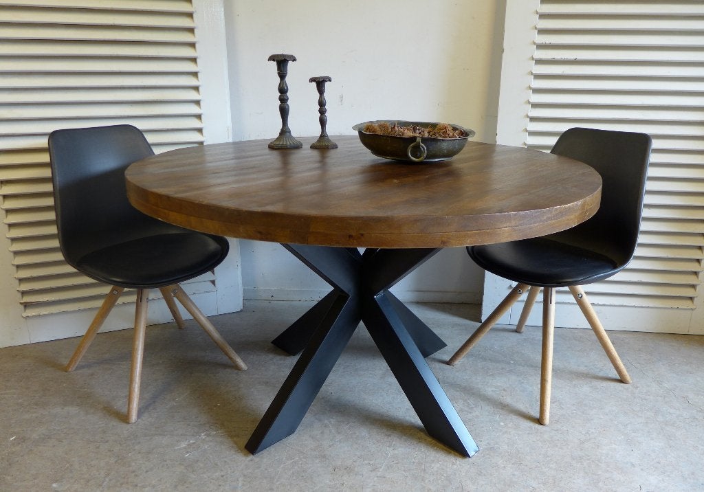 Prachtige ronde donkere mango eettafel 130 cm, Ophalen, Landelijk rustiek industrieel, Zo goed als nieuw, Vijf personen of meer
