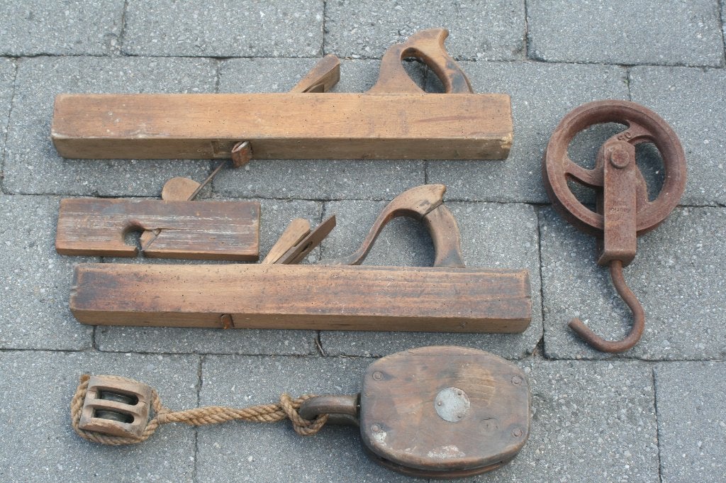 3 x industriële katrol /takel + gratis 3 houten schaven, Ophalen