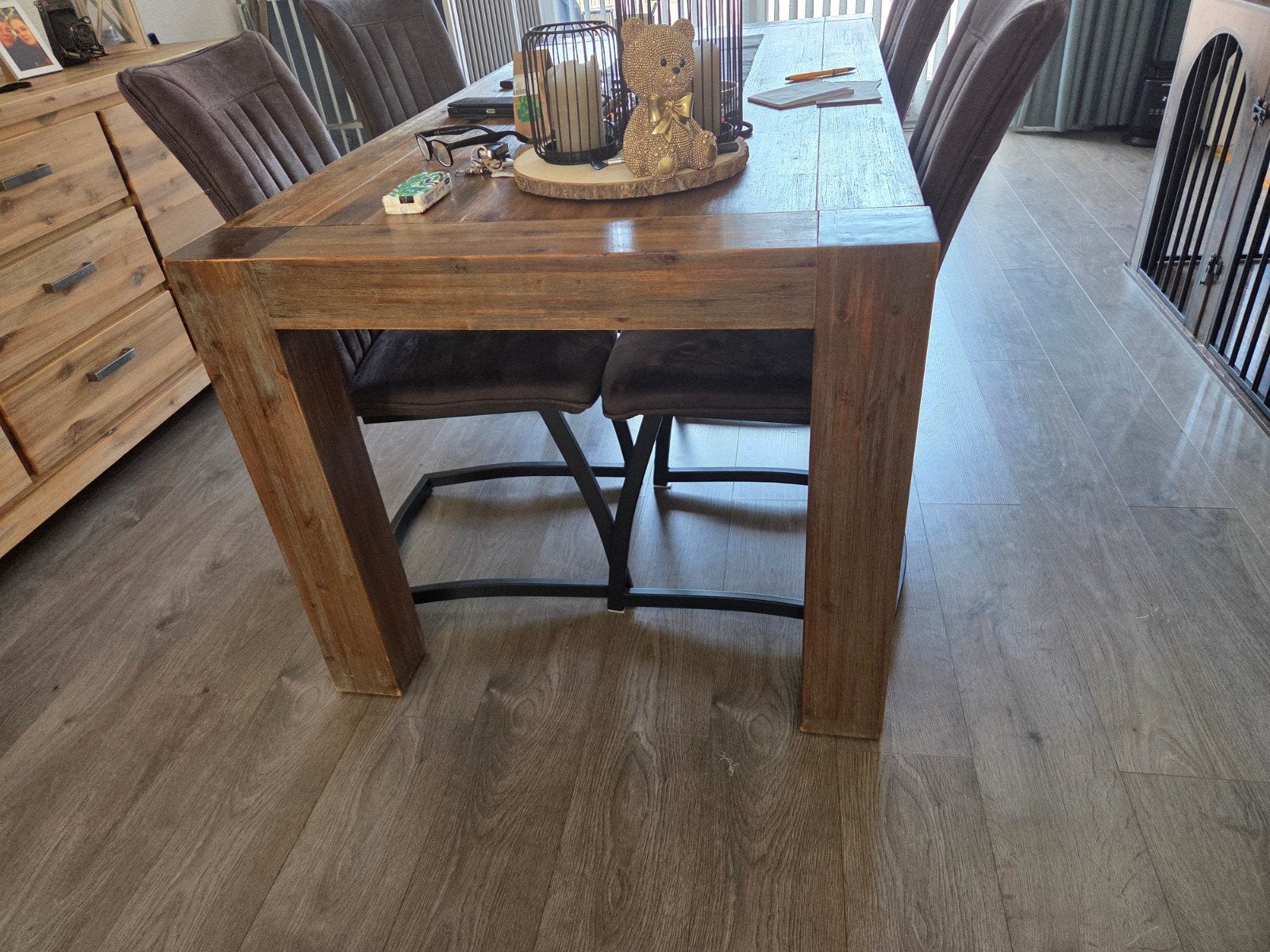 Robuuste houten eettafel met metalen onderstel, Gebruikt, Industrieel, Landelijk, 50 tot 100 cm, 150 tot 200 cm