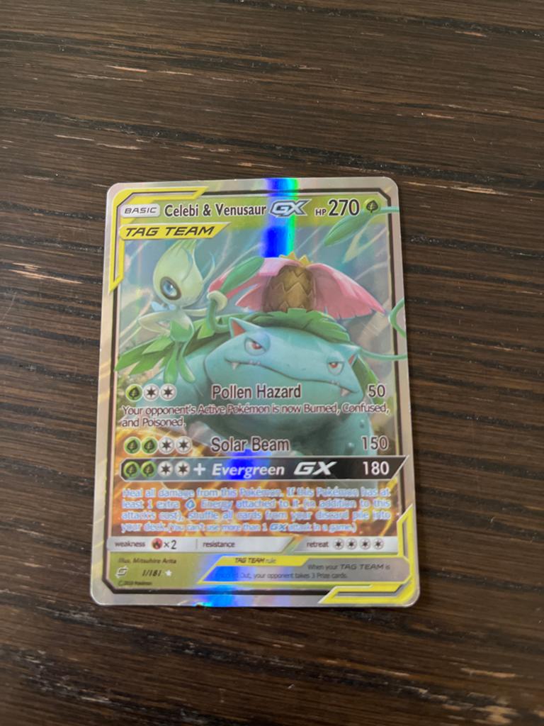 Pokémon Kaart Celebi & Venusaur GX TAG TEAM, Hobby en Vrije tijd, Verzamelkaartspellen | Pokémon, Ophalen, Zo goed als nieuw, Losse kaart