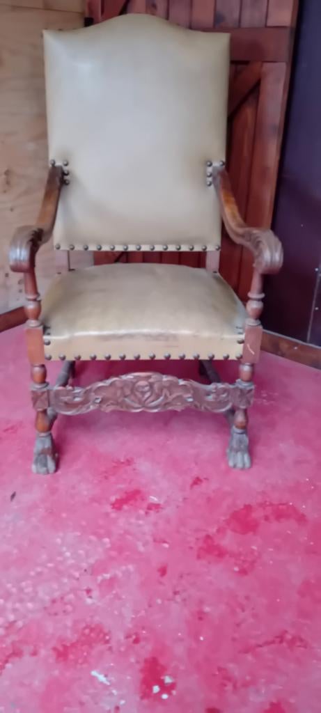 Antieke Castle Renaissance Stijl Leren Armfauteuil, Ophalen