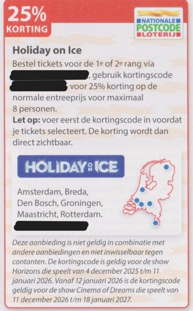 Holiday on Ice 25% korting. Postcodeloterij kortingsbon., Tickets en Kaartjes, Drie personen of meer