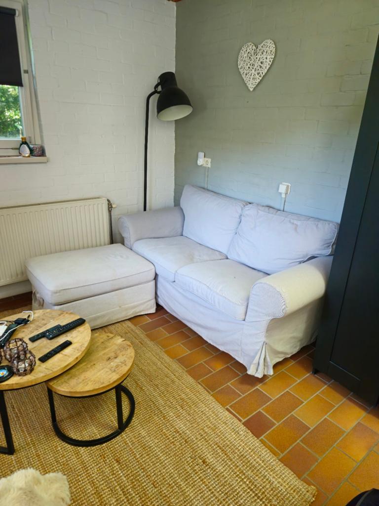 IKEA EKTORP 2-zitsbank + hocker/opbergbank lichtbeige, Ophalen, 150 tot 200 cm, Tweepersoons, 75 tot 100 cm