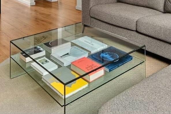 Dikke glazen design salontafel in Milano Plus stijl, Ophalen, Gebruikt, 50 tot 100 cm, Vierkant