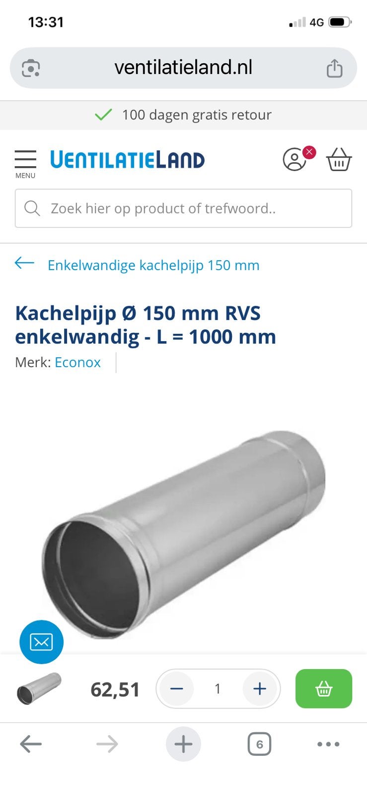 Rvs rookkanaal, Doe-het-zelf en Verbouw, Buizen en Afvoer, Ophalen, Overige typen, Zo goed als nieuw, Rvs