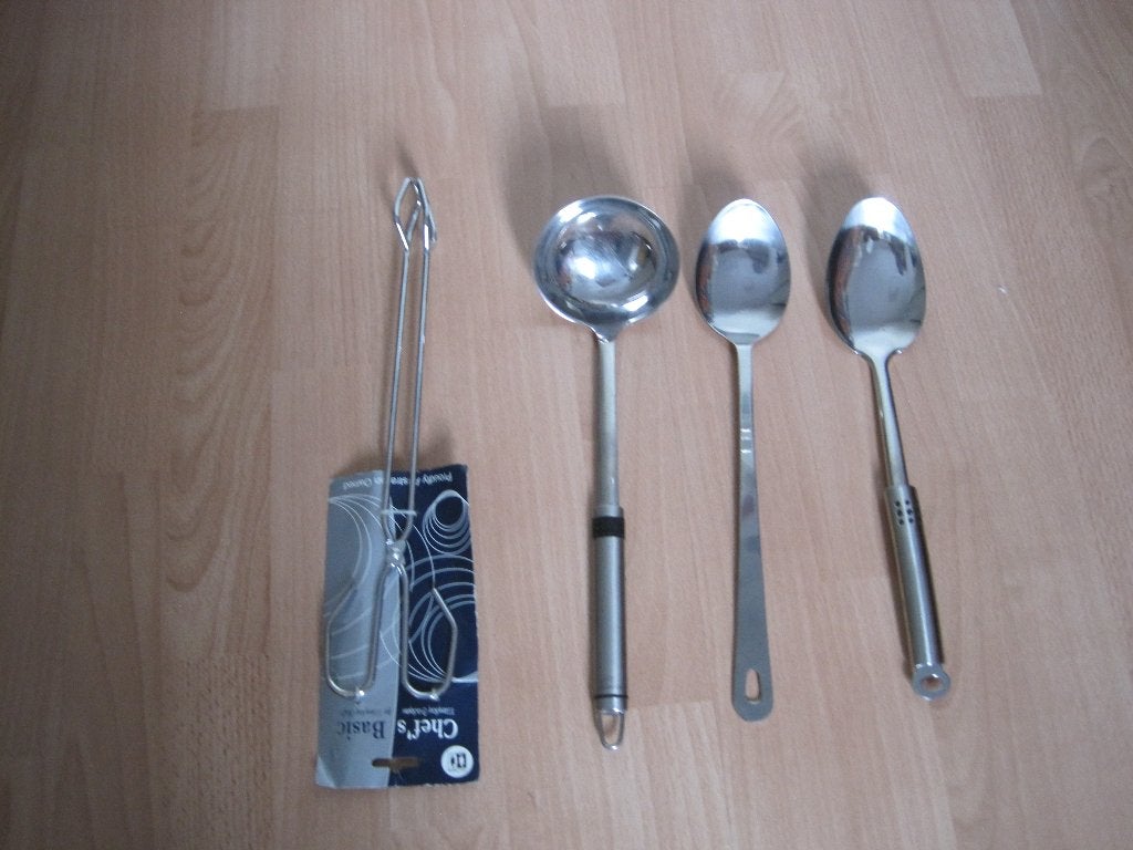 2 grote lepels + 1 soeplepel + 1 tang, Ophalen, Nieuw, Rvs of Chroom