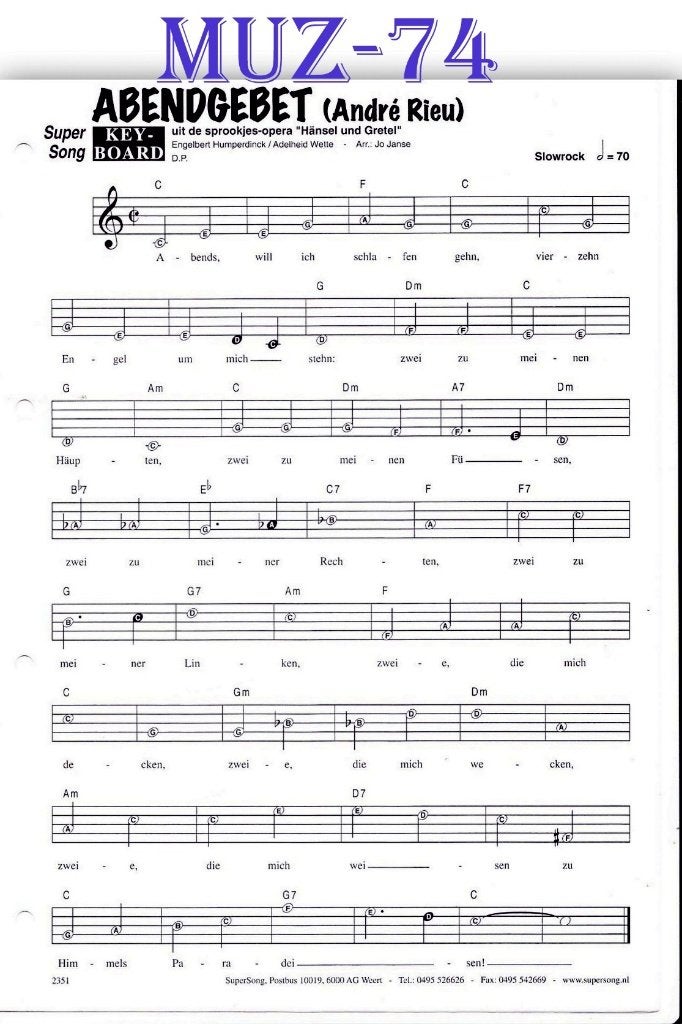 Muz74 bladmuziek super song Abendgebet ( Andre Rieu ), Muziek en Instrumenten, Gebruikt, Klassiek, Ophalen of Verzenden, Keyboard