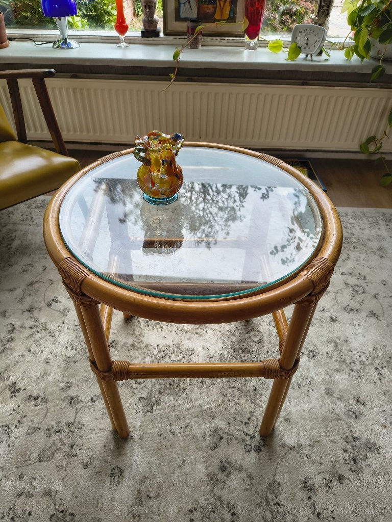 Vintage rotan salontafel met glazen blad, 50 tot 100 cm, Zo goed als nieuw, Onbekend, Onbekend