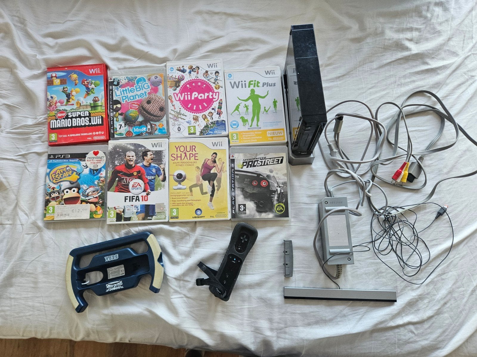 Wii Console Zwart met 5 Games en Accessoires, Ophalen of Verzenden, Gebruikt, Met 1 controller, Met stuurtje