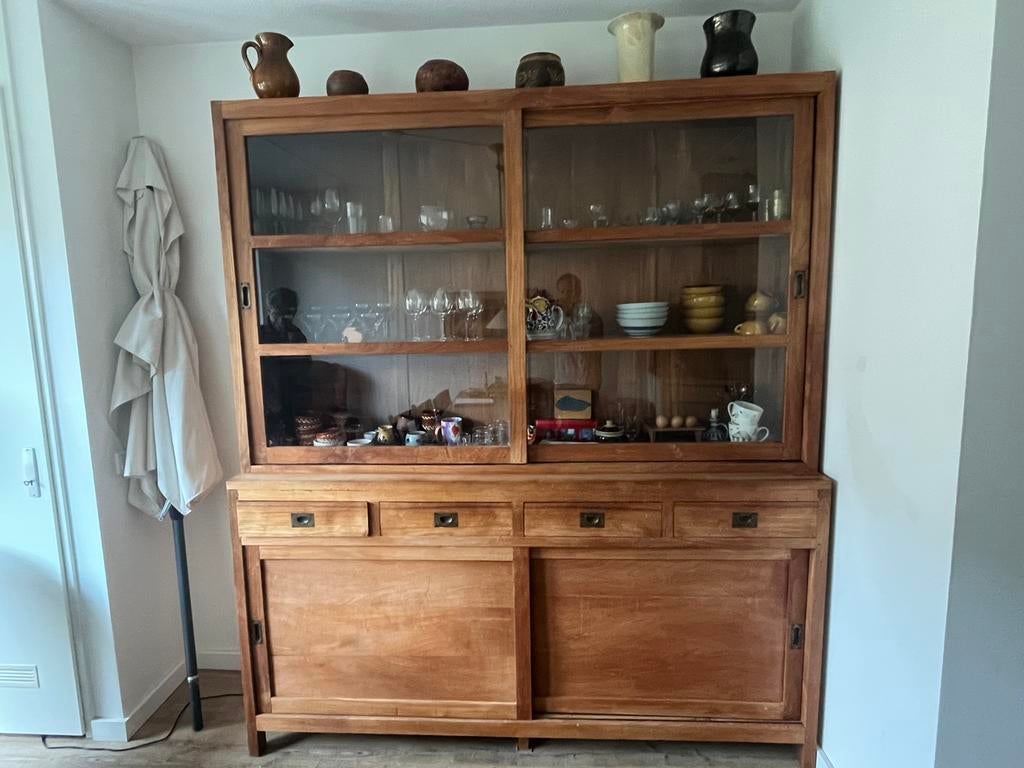 Mooie grote vitrinekast keukenkast in teak, Huis en Inrichting, Kasten | Buffetkasten, Ophalen, 200 cm of meer, Teakhout, Zo goed als nieuw