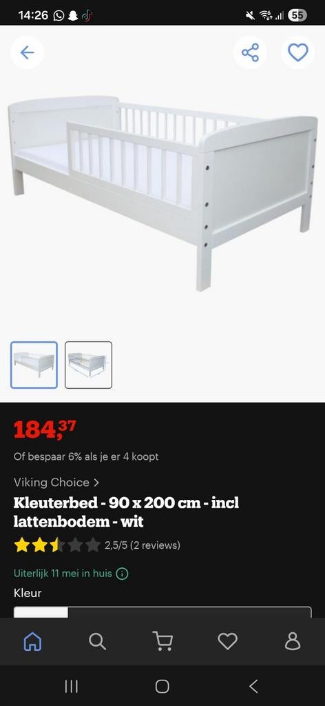 Kleuterbed 90x200 cm met lattenbodem - Wit, Kinderen en Baby's, Kinderkamer | Bedden, Ophalen