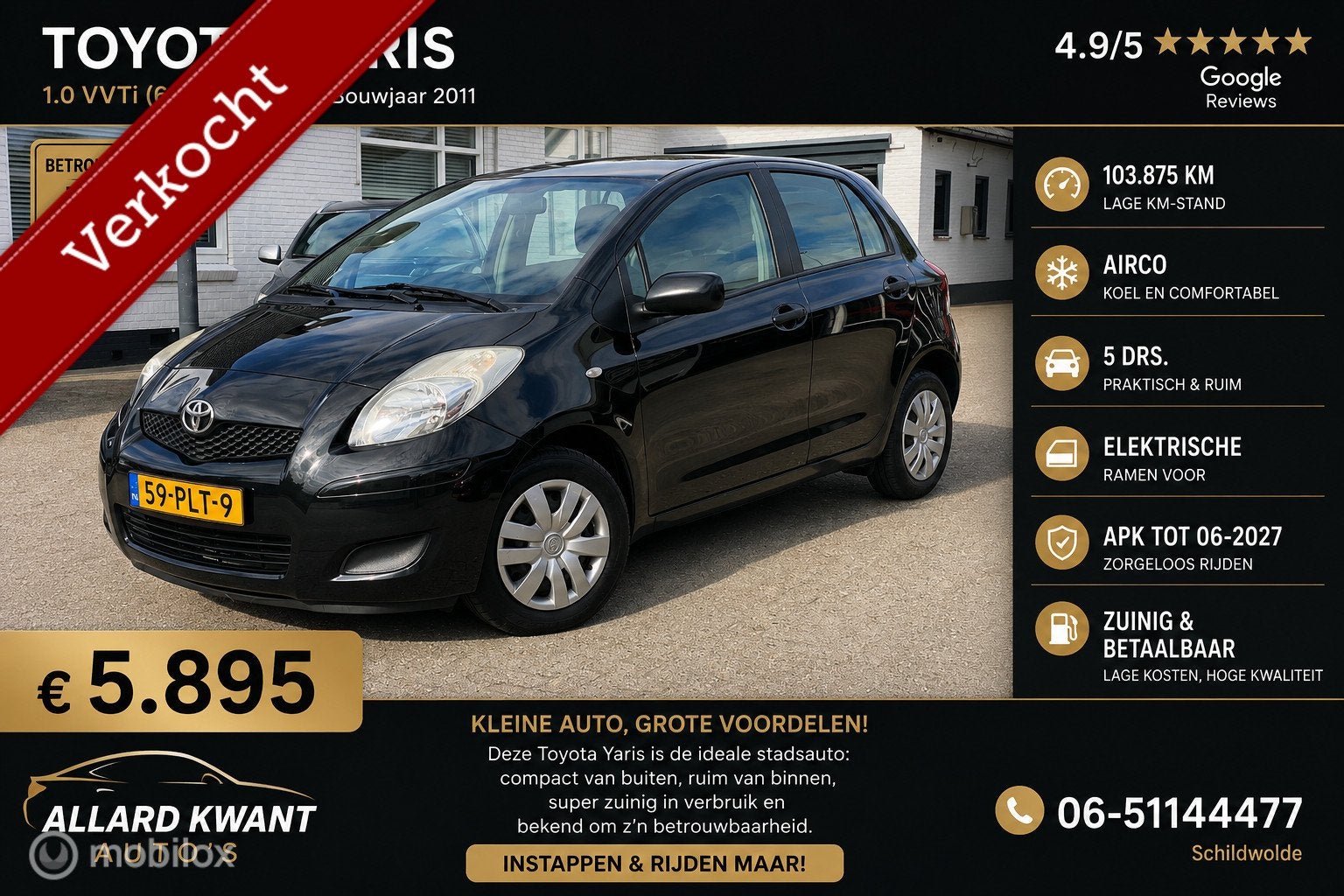Toyota Yaris 1.0 VVTi Acces/5 drs/Airco/Trekhaak/Apk 6-2027, Auto's, Voorwielaandrijving, Euro 5, 750 kg, Zwart