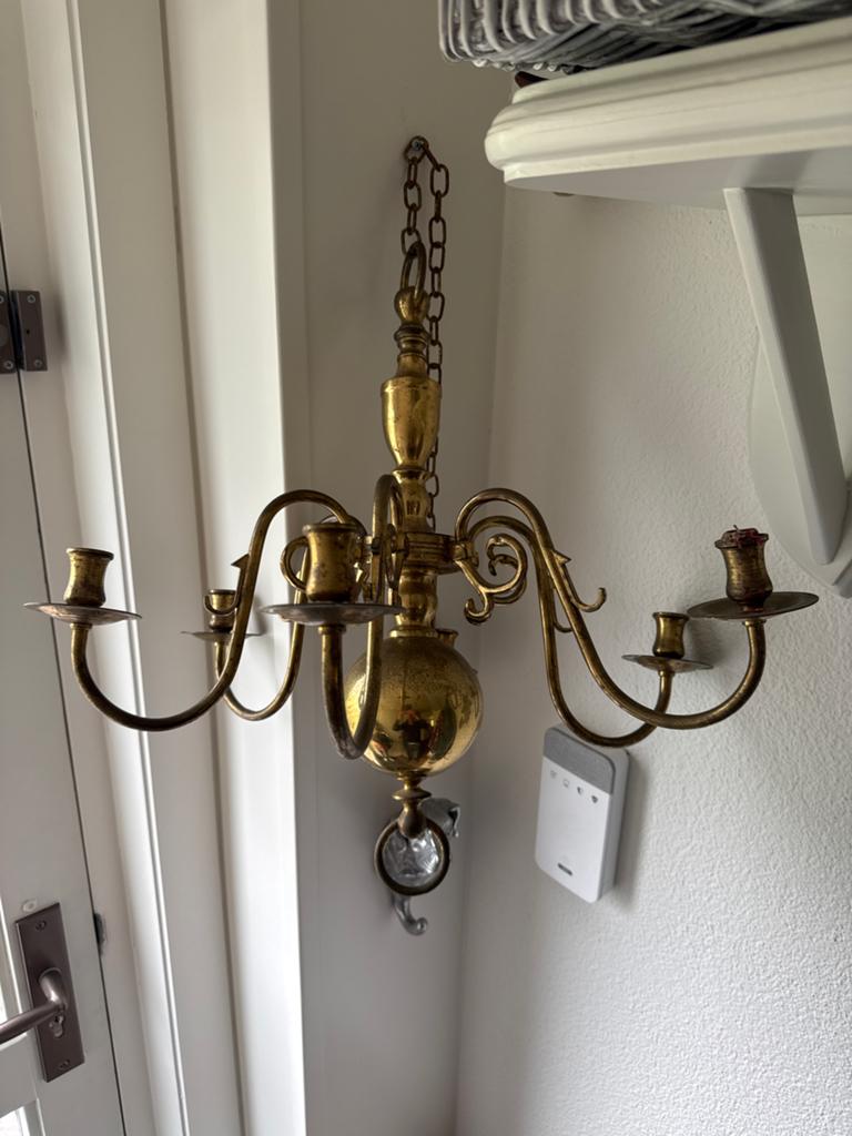 Antieke Messing Kroonluchter met 5 Armen, Ophalen of Verzenden