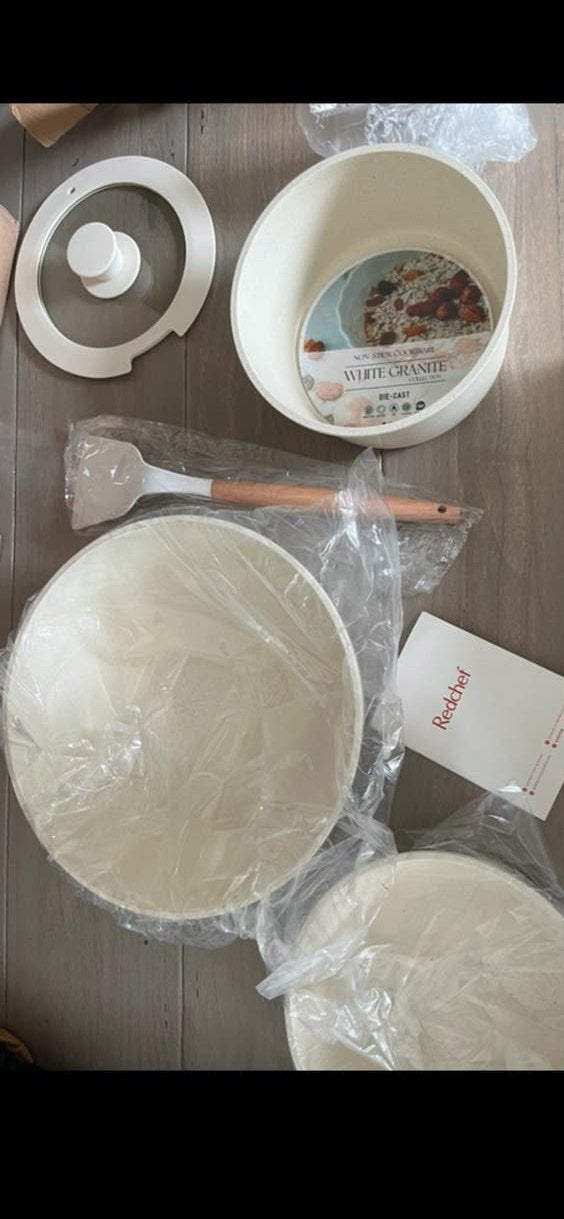 Redchef Pannenset - 3-delig - Wit Graniet - Inductie, Antiaanbaklaag, Nieuw, Pannenset, Ophalen of Verzenden