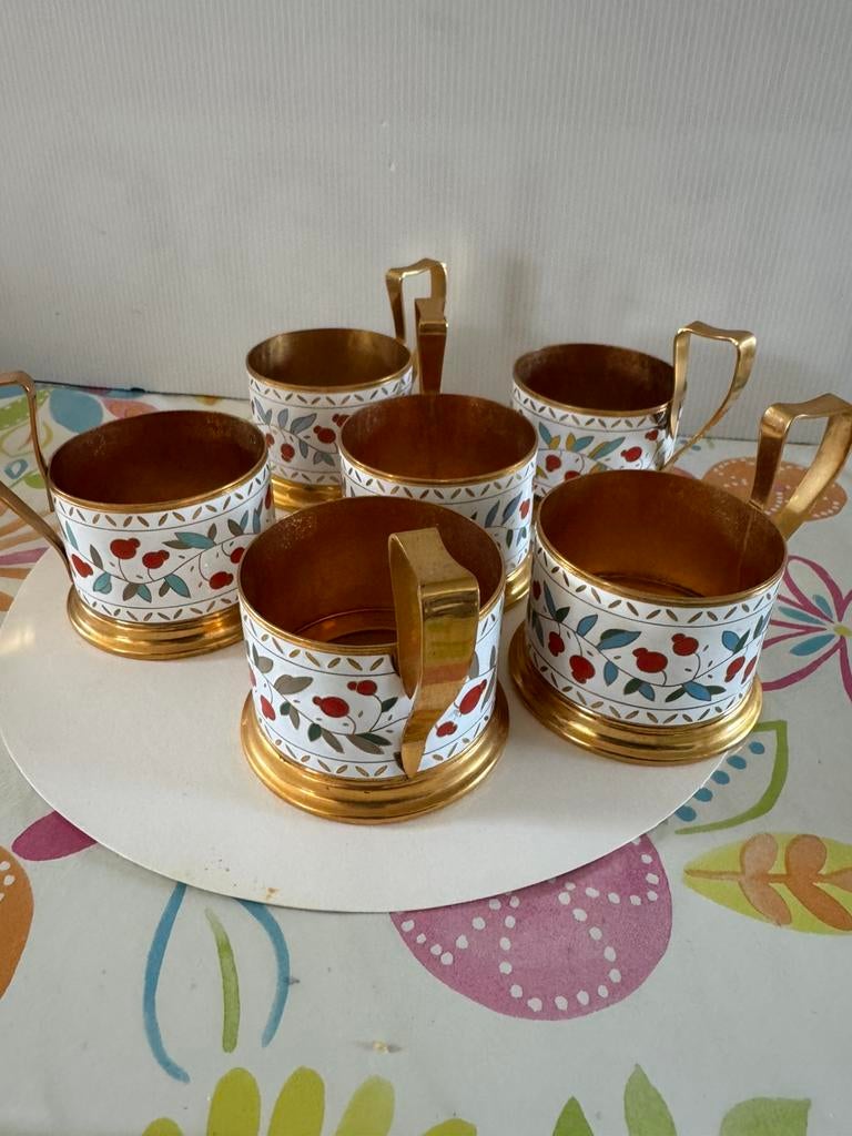 Zes theeglashouders met emaille, Ophalen of Verzenden