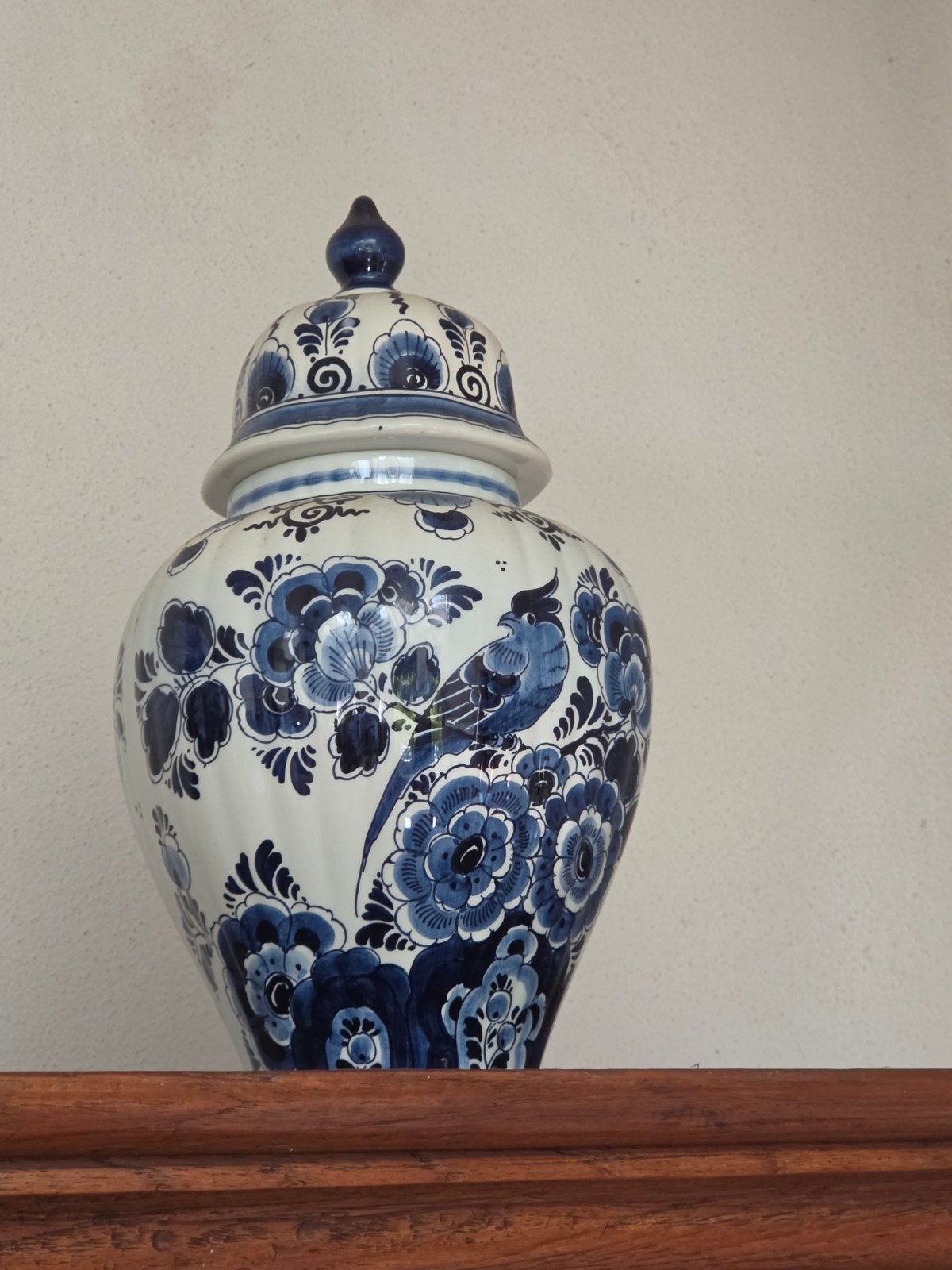 Prachtige Delfts Blauwe Gemberpot met Vogeldecoratie, Ophalen