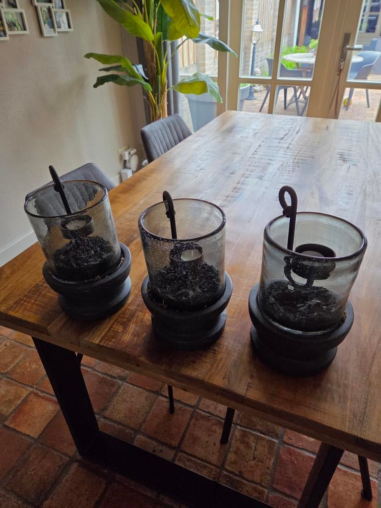 Set van 3 Antracietgrijze Windlichten met Glas, Ophalen of Verzenden