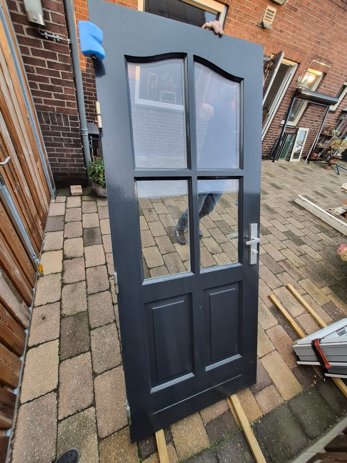 Buitendeur met dubbelglas en klink, zonder slot, Ophalen, Gebruikt, 80 tot 100 cm, 215 cm of meer
