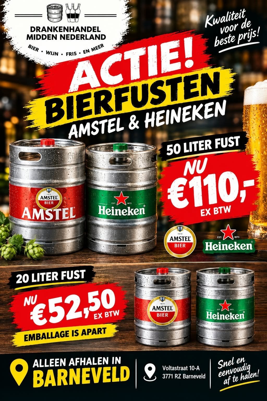 aanbieding bierfusten 50 en 20 liter amstel en heineken, Ophalen